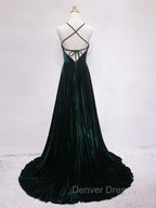 A-Line Backless Green Velvet Long Prom Dress, Green Formal Evening Dress