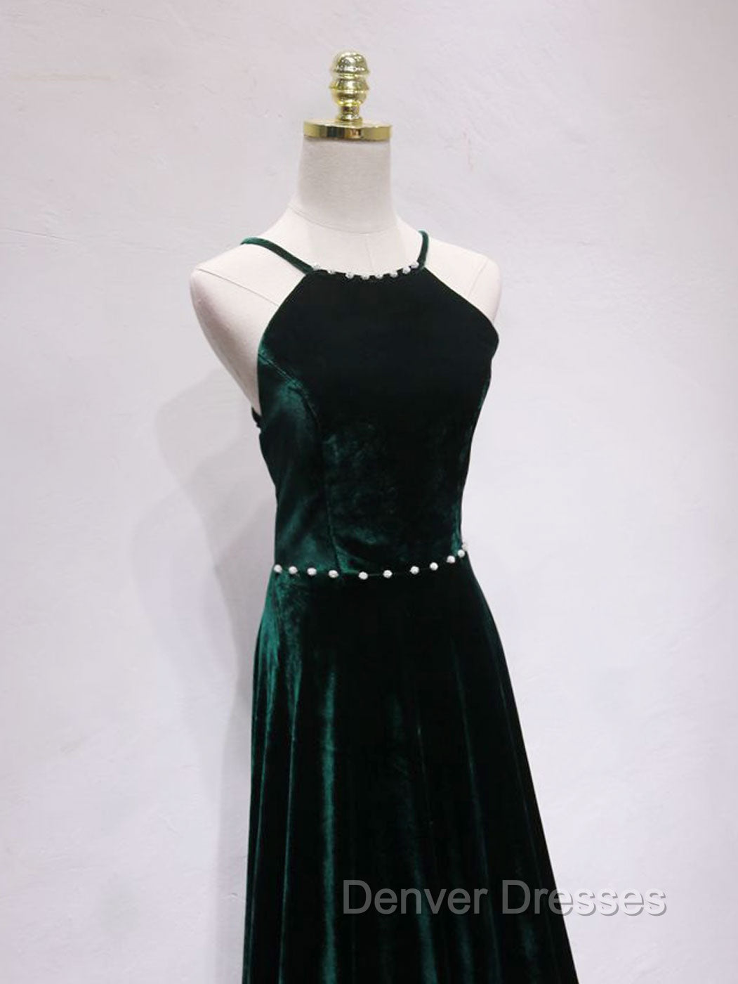A-Line Backless Green Velvet Long Prom Dress, Green Formal Evening Dress