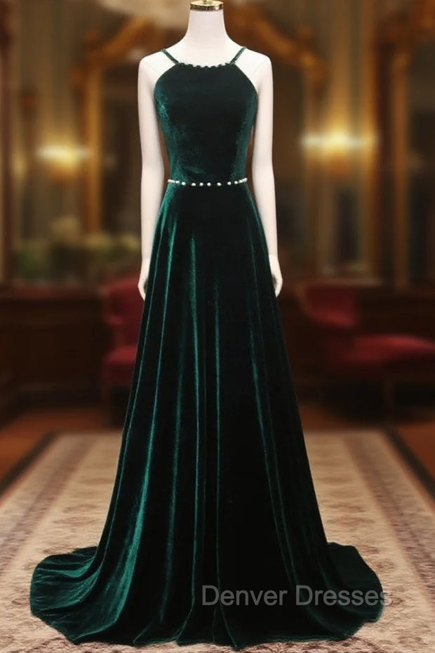 A-Line Backless Green Velvet Long Prom Dress, Green Formal Evening Dress Main image