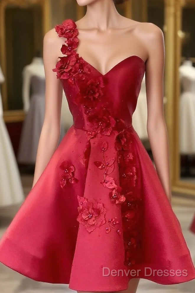 A-Line Backless Homecoming Dress Red Mini Sleeveless One Shoulder Graduation Dress With Appliques Main image