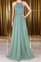 A Line Backless Lace Green Long Prom Dress, Backless Green Lace Formal Graduation Evening Dress