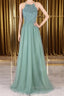 A Line Backless Lace Green Long Prom Dress, Backless Green Lace Formal Graduation Evening Dress