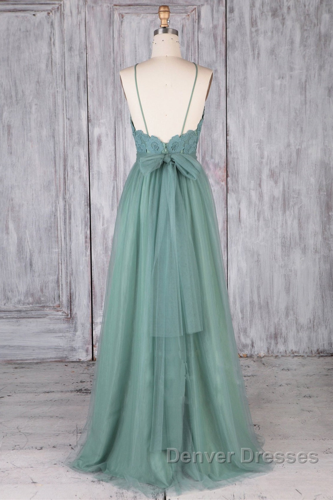 A Line Backless Lace Green Long Prom Dress, Backless Green Lace Formal Graduation Evening Dress Secondary image