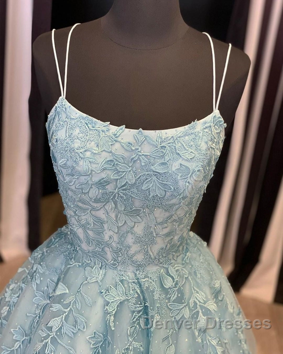 A Line Backless Lace Long Sky Blue Prom Dress, Backless Sky Blue Lace Formal Dress, Sky Blue Evening Dress Secondary image
