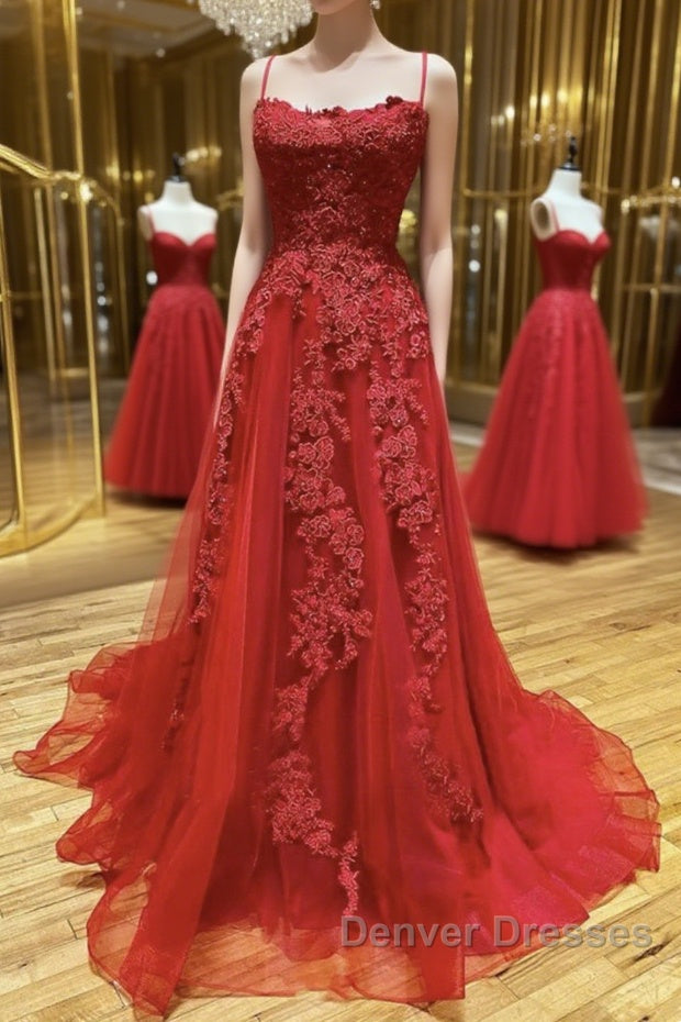 A Line Backless Red Lace Long Prom Dress, Long Red Lace Formal Dress, Red Evening Dress Main image