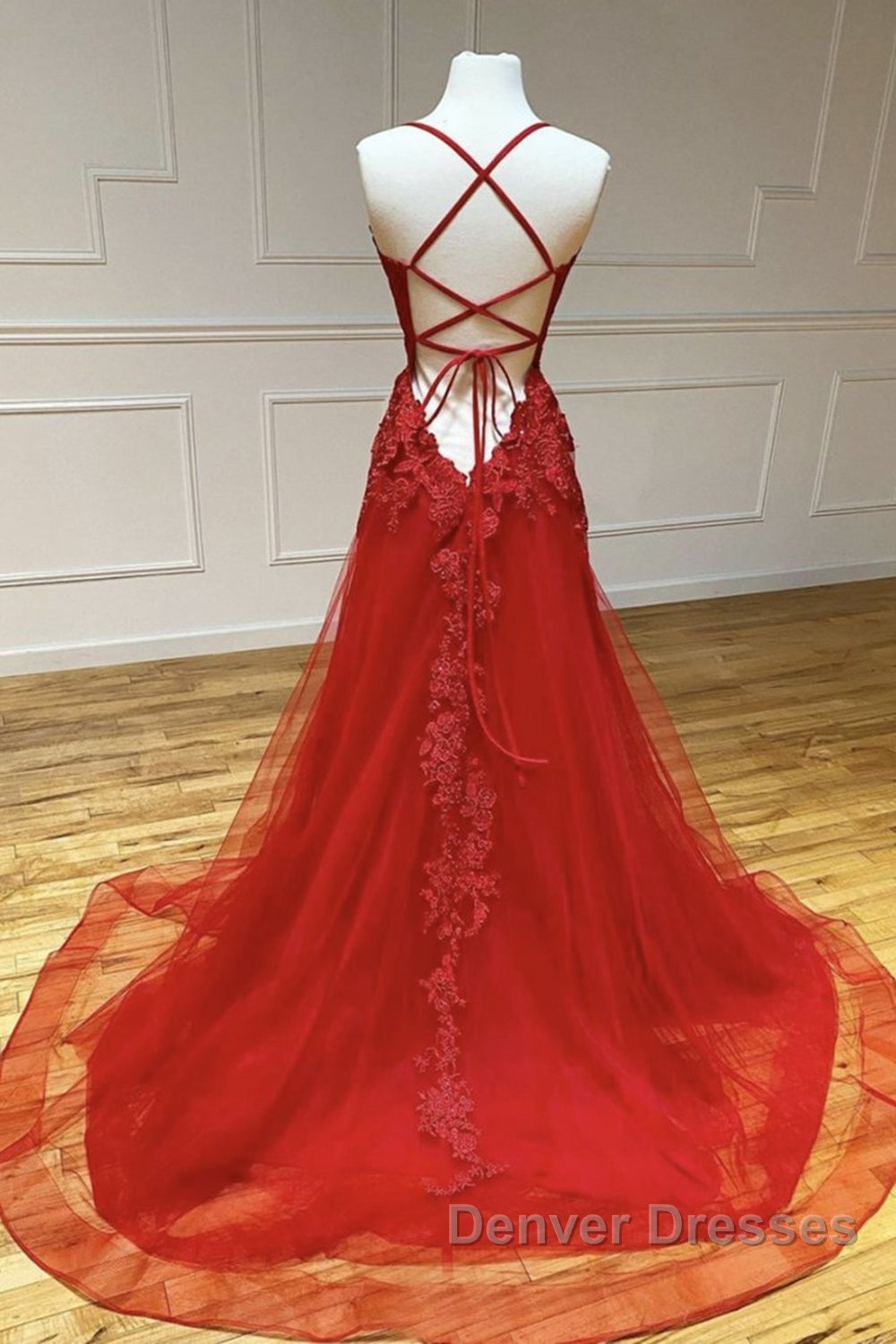 A Line Backless Red Lace Long Prom Dress, Long Red Lace Formal Dress, Red Evening Dress Secondary image