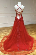 A Line Backless Red Lace Long Prom Dress, Long Red Lace Formal Dress, Red Evening Dress
