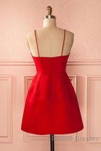 A Line Backless Short Red Prom Dress, Short Red Satin Homecoming Graduation Dress, Red Formal Dress