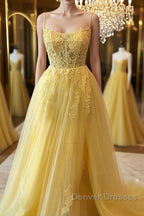 A Line Backless Yellow Lace Floral Long Prom Dress with High Slit, Open Back Yellow Lace Formal Dress, Yellow Lace Evening Dress