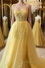 A Line Backless Yellow Lace Floral Long Prom Dress with High Slit, Open Back Yellow Lace Formal Dress, Yellow Lace Evening Dress
