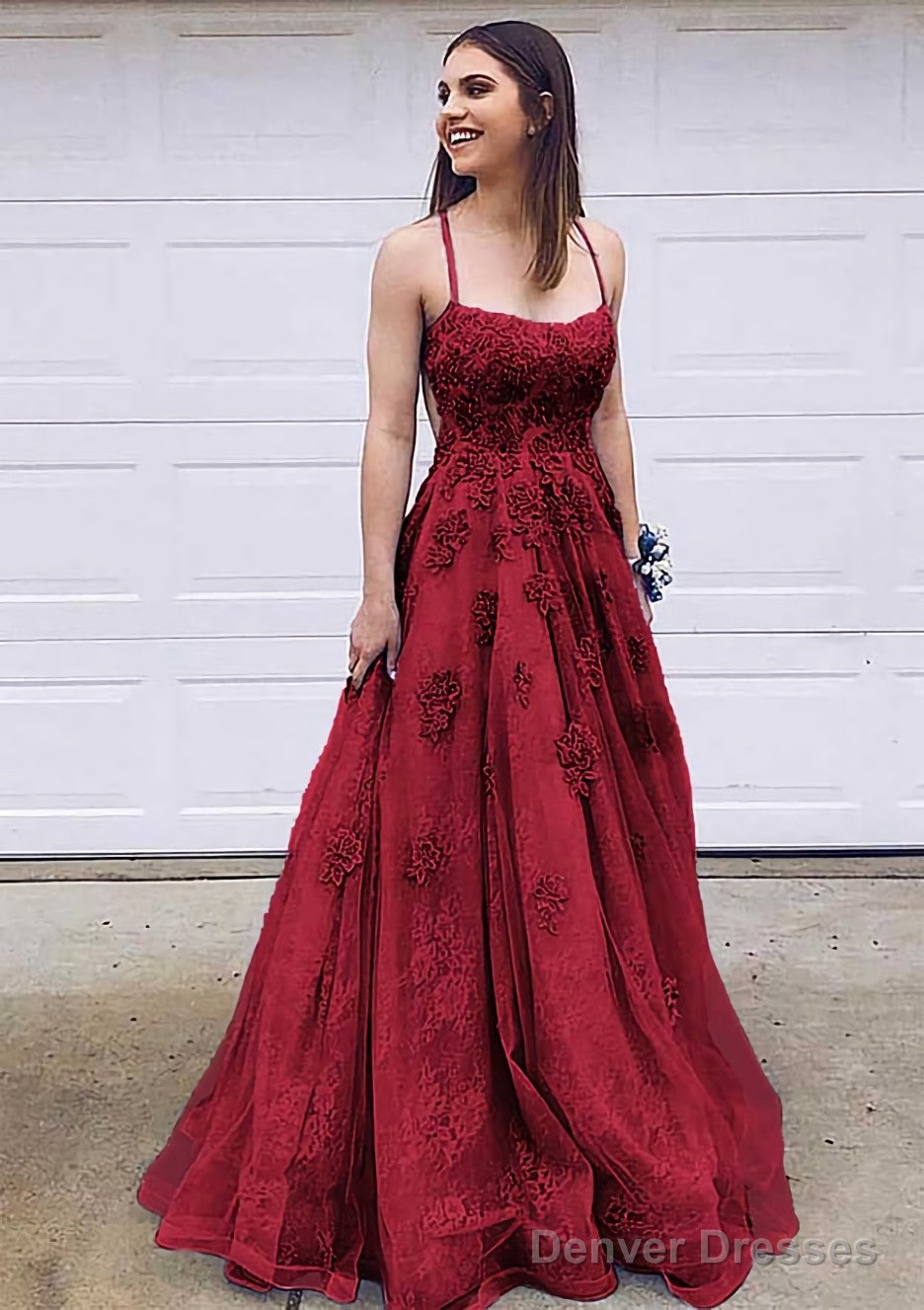 A-line Bateau Court Train Lace Prom Dresses With Appliqued