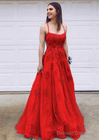 A-line Bateau Court Train Lace Prom Dresses With Appliqued