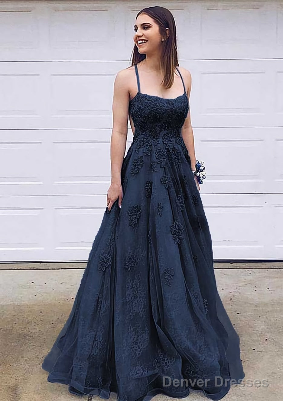 A-line Bateau Court Train Lace Prom Dresses With Appliqued