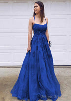 A-line Bateau Court Train Lace Prom Dresses With Appliqued