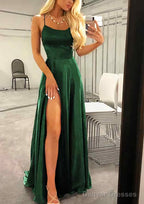 A-line Bateau Spaghetti Straps Sweep Train Charmeuse Prom Dresses With Split