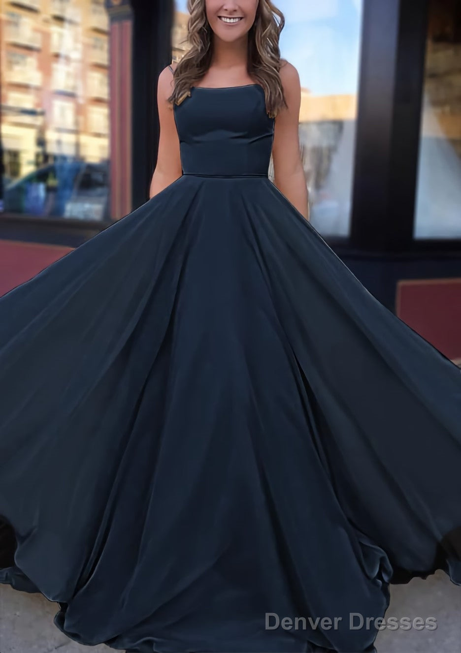 A-line Bateau Spaghetti Straps Sweep Train Chiffon Prom Dresses Secondary image