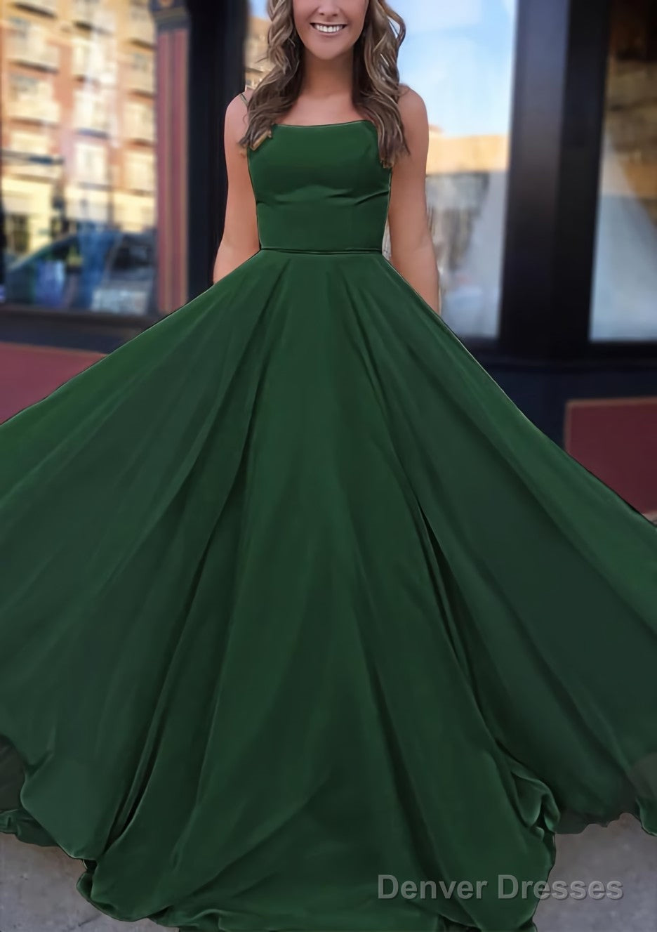 A-line Bateau Spaghetti Straps Sweep Train Chiffon Prom Dresses