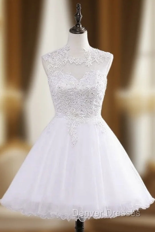 A line Beach Short Tulle Lace Wedding Dress Backless