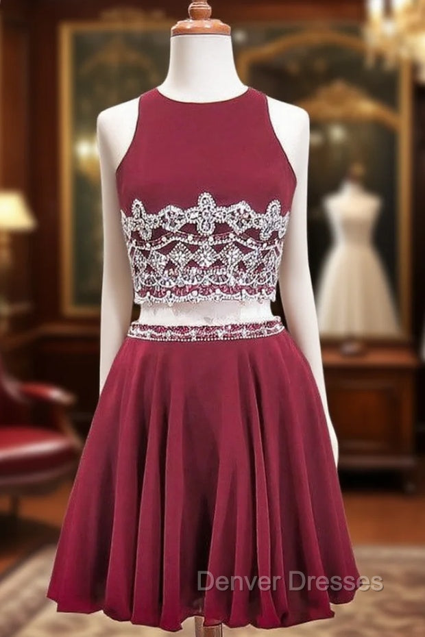 A-line Beaded Crystals Burgundy Chiffon Two Piece Homecoming Dress Main image