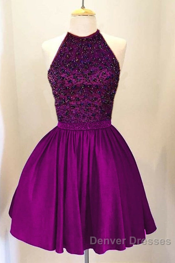 A-Line Beaded Halter Keyhole Back Satin Homecoming Dress Short