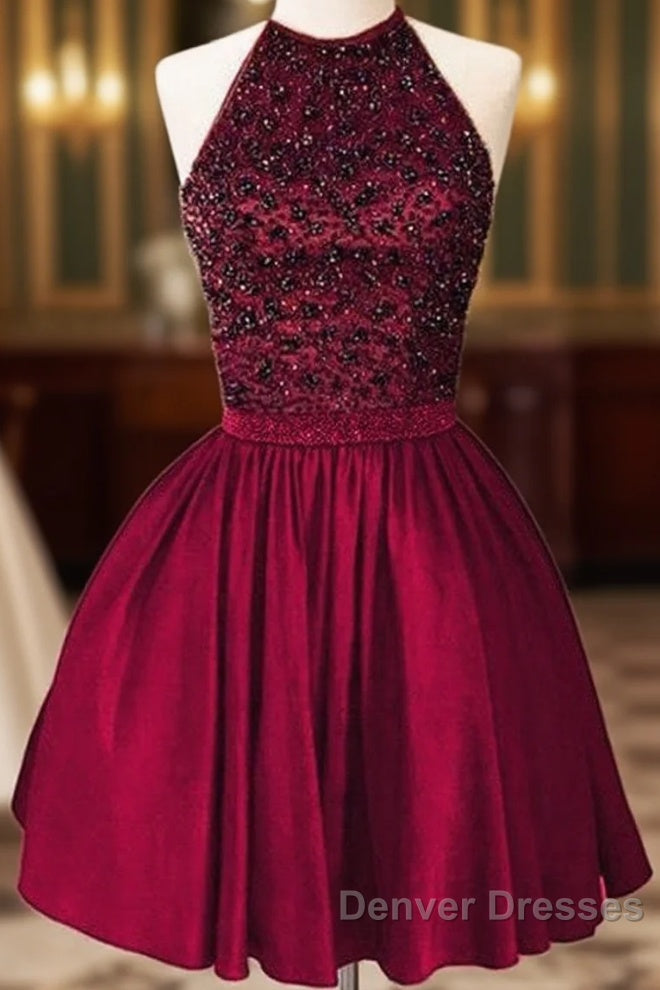 A-Line Beaded Halter Keyhole Back Satin Homecoming Dress Short