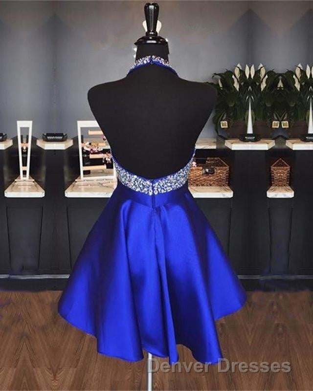 A-line Beaded Halter Satin Prom Dress Short Open Back Homecoming Dress