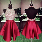 A-line Beaded Halter Satin Prom Dress Short Open Back Homecoming Dress