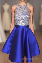 A-line Beaded Halter Satin Prom Dress Short Open Back Homecoming Dress
