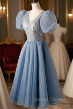 A-Line Beaded Short Prom Dress, Cute Short Sleeve Homecoming Party Dress