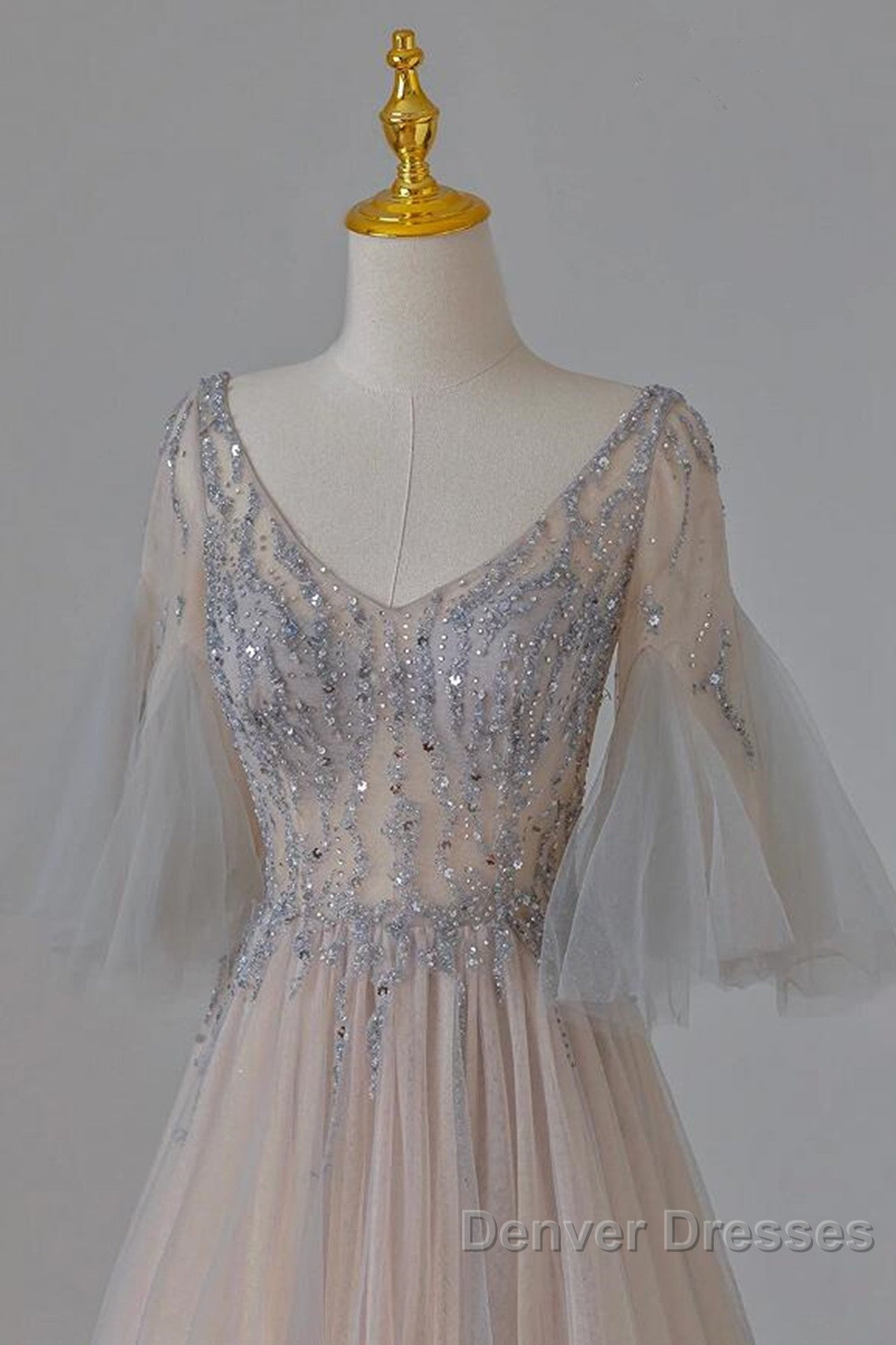 A-Line Beaded V-Neckline Tulle Formal Dress, Puffy Sleeves Long Prom Dress Secondary image