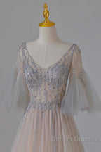 A-Line Beaded V-Neckline Tulle Formal Dress, Puffy Sleeves Long Prom Dress
