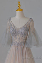 A-Line Beaded V-Neckline Tulle Formal Dress, Puffy Sleeves Long Prom Dress