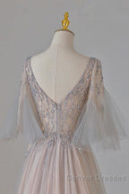 A-Line Beaded V-Neckline Tulle Formal Dress, Puffy Sleeves Long Prom Dress