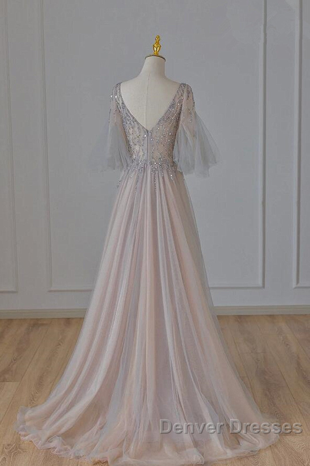 A-Line Beaded V-Neckline Tulle Formal Dress, Puffy Sleeves Long Prom Dress