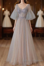 A-Line Beaded V-Neckline Tulle Formal Dress, Puffy Sleeves Long Prom Dress