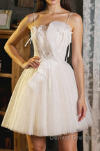 A-Line Beige Tulle Short Prom Dress, Beige Cute Homecoming Dress