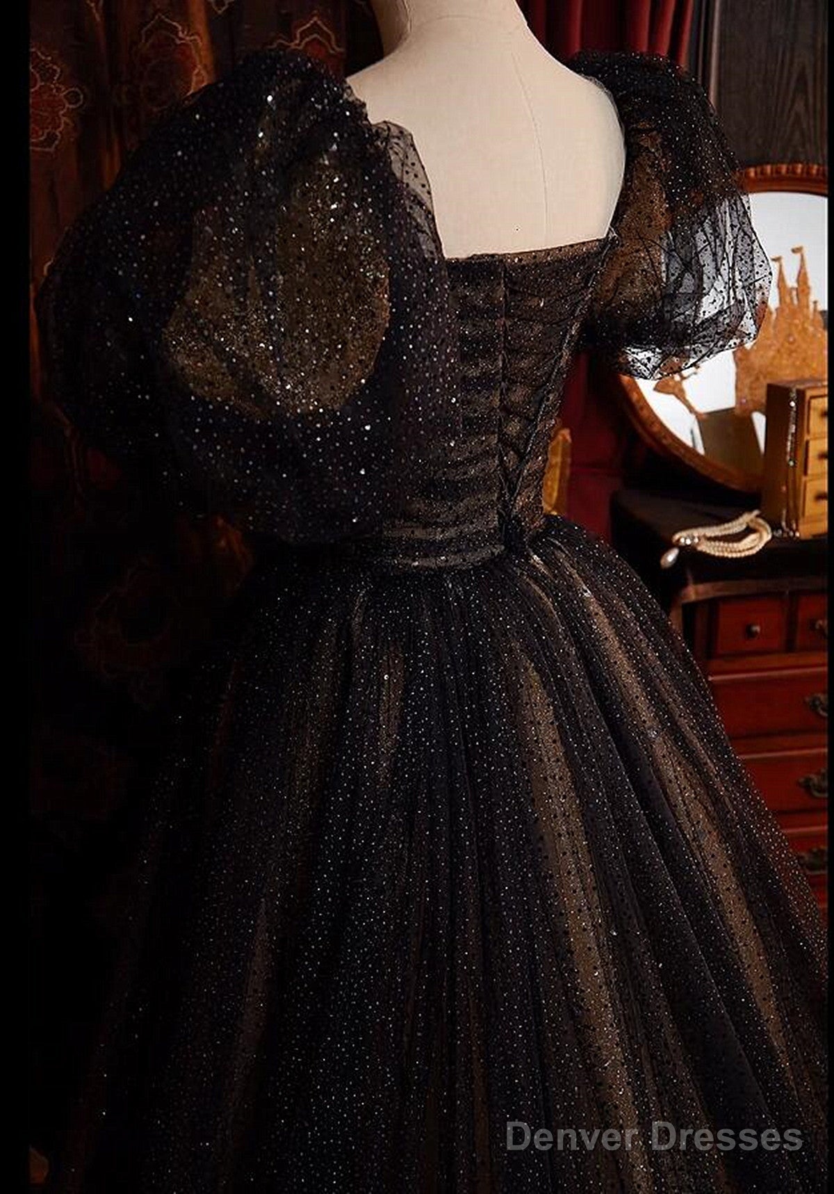 A-Line Black And Champagne Tulle Long Party Dress, Tulle Prom Dress Evening Dress Secondary image