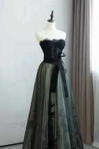 A-Line Black And Green Tulle With Lace Long Prom Dress, Tulle Party Dress