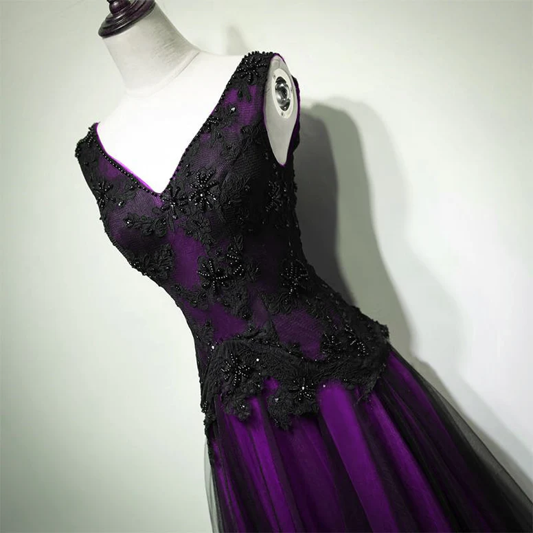 A-Line Black And Purple Tulle V-Neckline Beaded Prom Dress, Black Tulle Formal Dress Secondary image