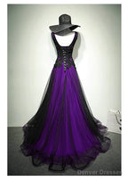 A-Line Black And Purple Tulle V-Neckline Beaded Prom Dress, Black Tulle Formal Dress