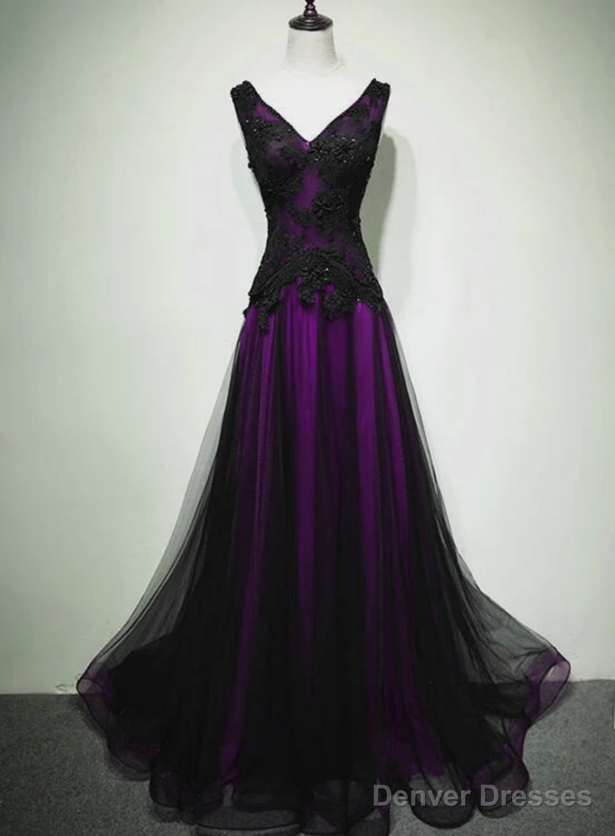 A-Line Black And Purple Tulle V-Neckline Beaded Prom Dress, Black Tulle Formal Dress Main image