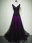 A-Line Black And Purple Tulle V-Neckline Beaded Prom Dress, Black Tulle Formal Dress