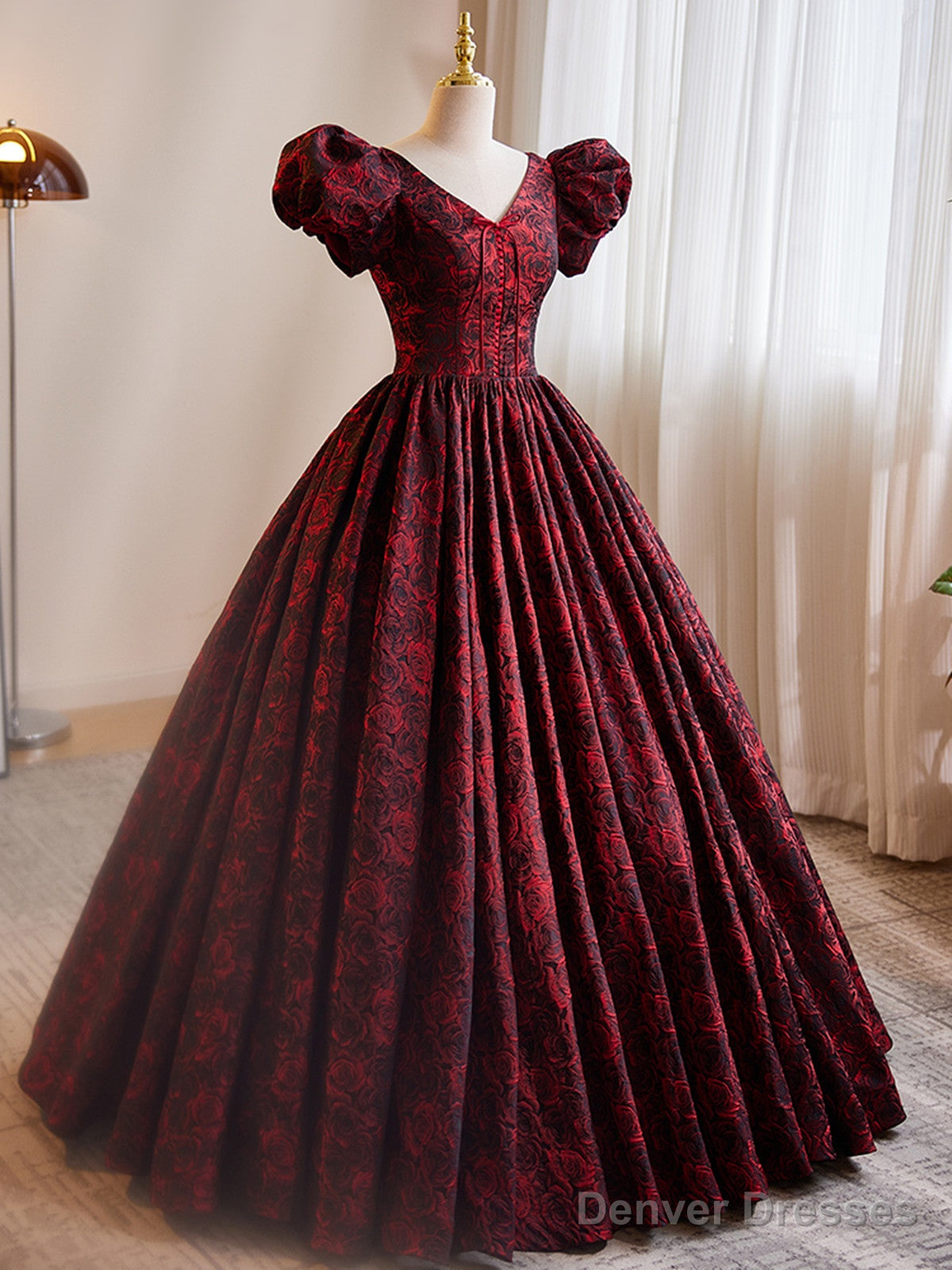 A-Line Black And Red Lace Short Sleeves Party Dress, Black And Red Long Formal Dress Secondary image