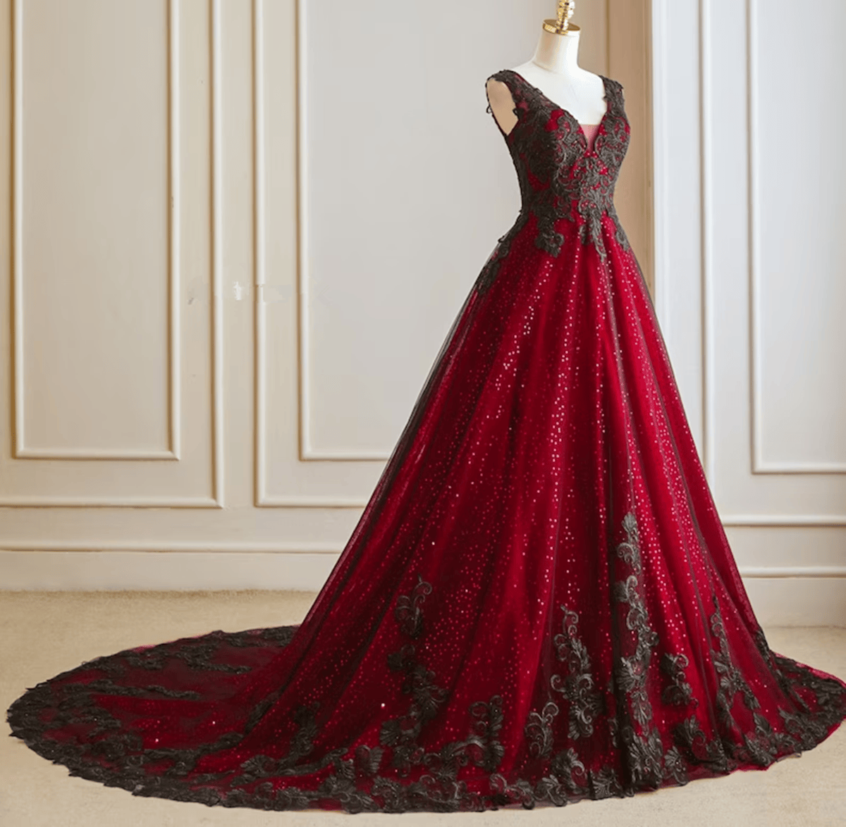 A-Line Black And Red Tulle With Lace Party Dress, Black And Red Formal Dress