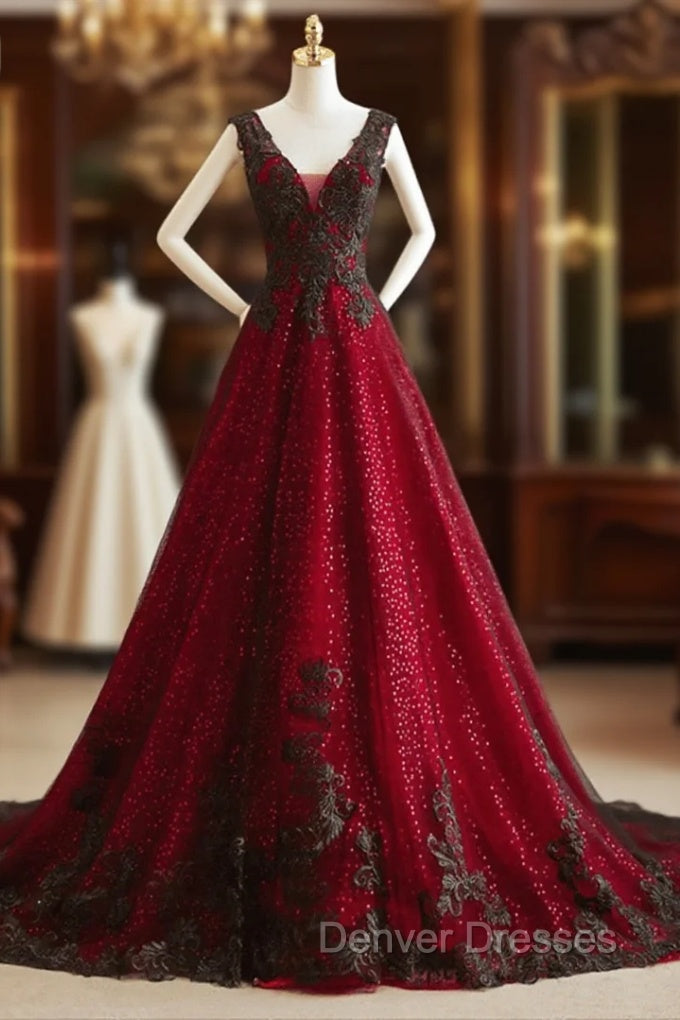 A-line Black and Red Tulle with Lace Party Dress, Black and Red Formal Dress Main image