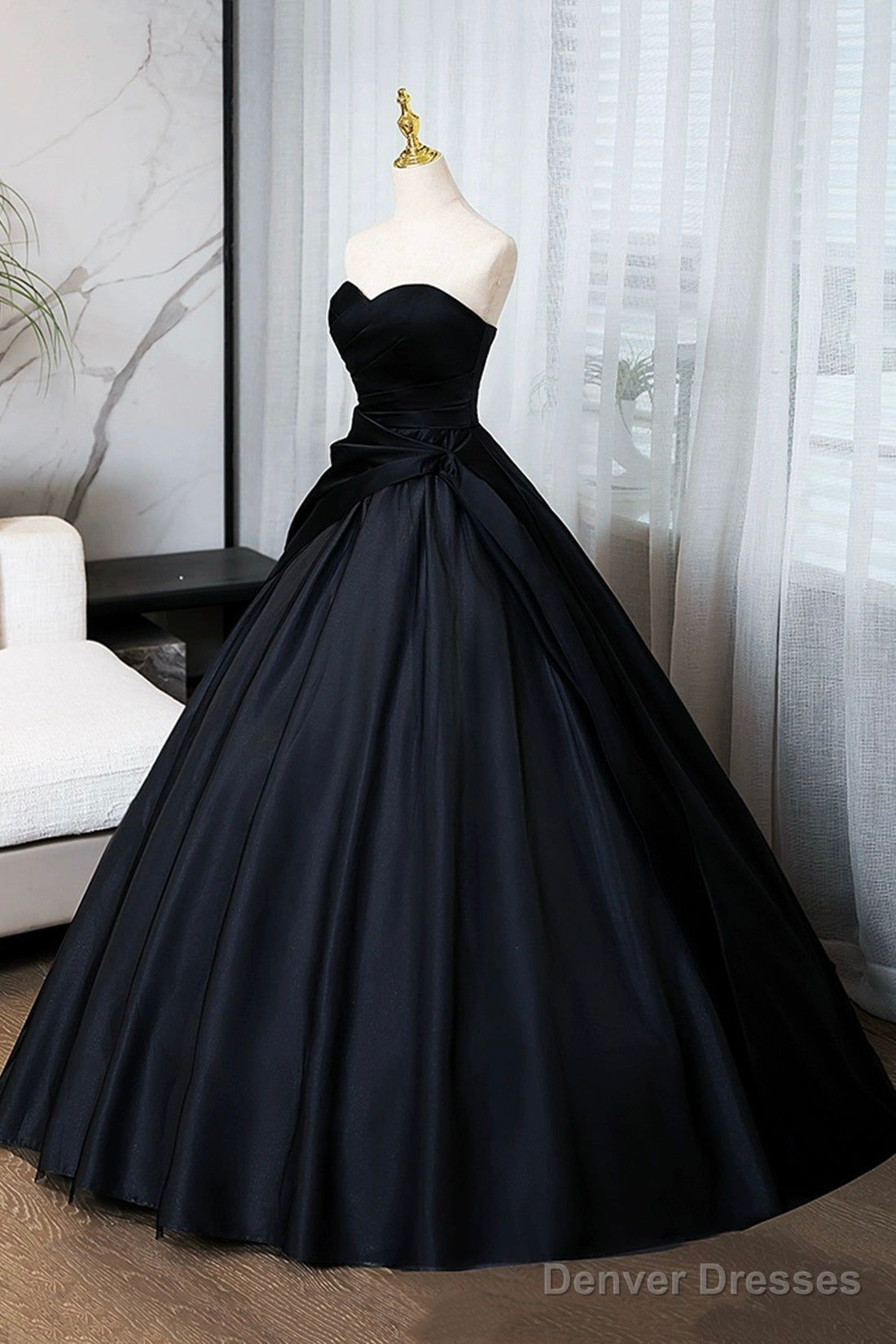 A-Line Black Floor Length Prom Dress, Black Strapless Formal Evening Dress Secondary image