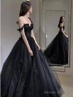A Line Black Gothic Wedding Dresses Off The Shoulder Lace Tulle Bridal Wear