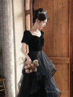 A-line Black Layers Short Sleeves Prom Dress, Black Velvet and Tulle Party Dress
