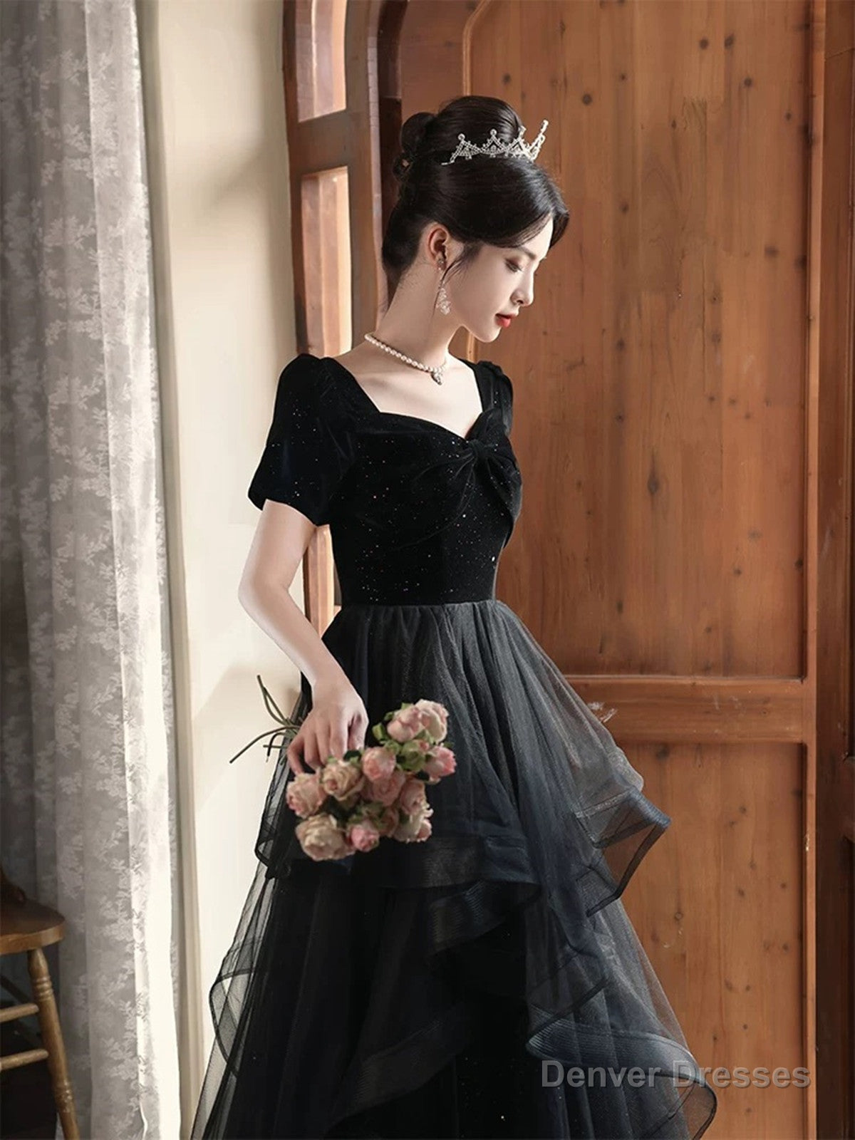 A-line Black Layers Short Sleeves Prom Dress, Black Velvet and Tulle Party Dress Secondary image