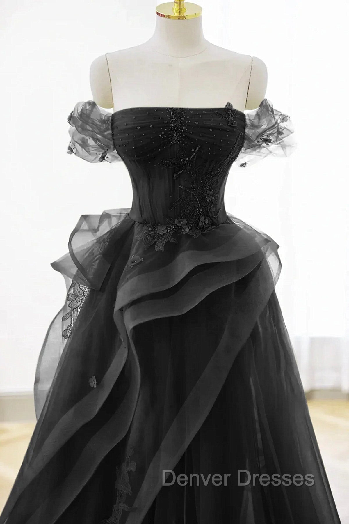 A-Line Black Off Shoulder Tulle With Lace Party Dress, Black Tulle Prom Dress Secondary image